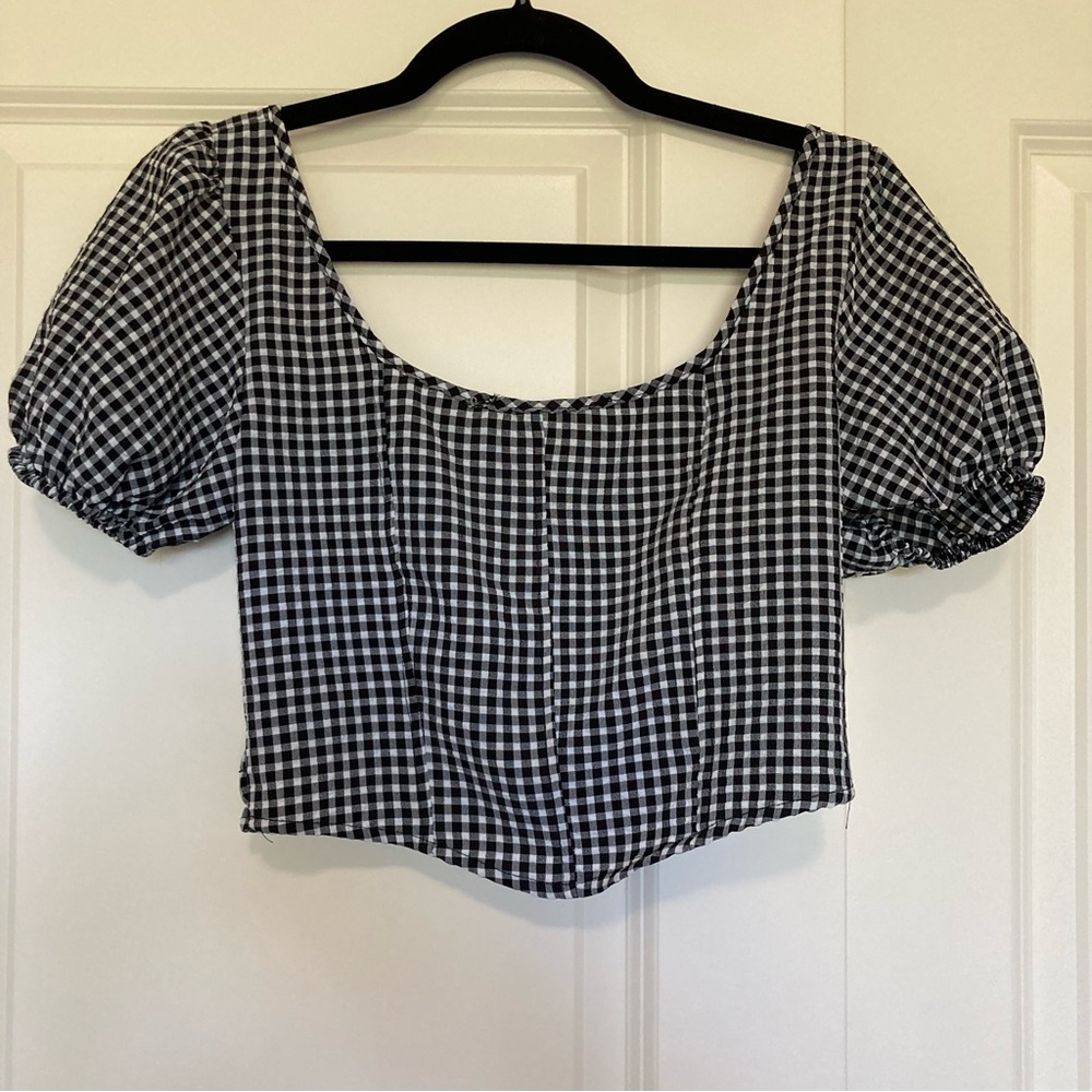 Cropped fitted blouse with puff sleeves and smocked back, Sienna Sky, Size XS